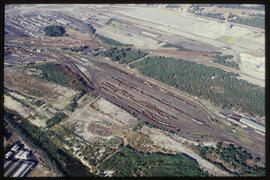 Aerial view of railway marshalling yard.
