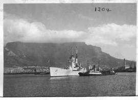 Cape Town, 24 April 1947. 'HMS Vanguard' leaving Table Bay Harbour.