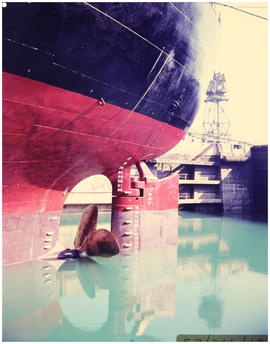 Cape Town, May 1969. Ship in dry dock at Table Bay harbour while water is being drained. [S Mathy...