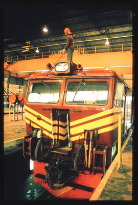 
SAR Class 9E electrical locomotive in loco shed.
