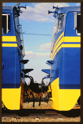 
Close-up of coupling between two locomotives.
