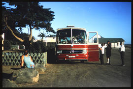 Swakopmund, South-West Africa, 1976. SAR Mercedes Benz tour bus No MT60011 at rest camp.