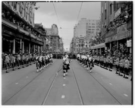 Johannesburg, 1 April 1947. Scottish regiment marching through city centre.