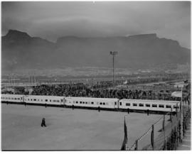 Cape Town, 24 April 1947. Royal Train at Table Bay Harbour with Table Mountain in background.