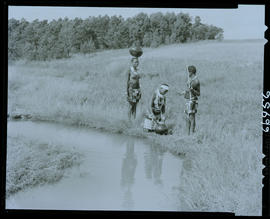 Zululand, 1957. Three Zulu women fetching water at river.