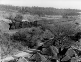 Nelspruit district, 1955. SAR Class GMAM No 4058 with passenger train passing tribal village.