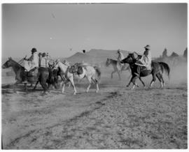 Basutoland, 12 March 1947. Mounted Basutos riding to the Pitso tribal meeting. Traditional blanke...