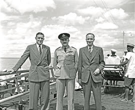 Vaal Dam, 3 March 1948. Three men at the arrival of BOAC Solent Flying Boat G-AHIV 'Salcombe'.