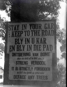 Kruger National Park, 1935. Warning sign to visitors.