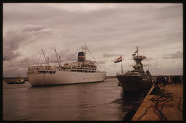 Richards Bay, April 1976. 'SA Vaal' leaving Richards Bay Harbour after official opening.