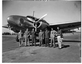 Johannesburg, May 1946. Crew of SAA Lockheed Lodestar ZS-ASU 'Piet Retief' with passengers before...