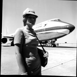 "Johannesburg, 1972. Jan Smuts airport. SAA Boeing 747 ZS-SAM 'Drakensberg' with hostess."