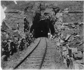 Langsnek Tunnel, July 1900. Damaged northern portal after being blown up.