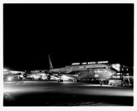 Johannesburg, 1970. Jan Smuts airport. SAA Boeing 707 ZS-SAI 'East London' at night. See colour i...