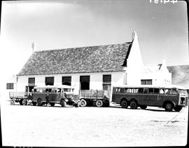 Hermanus, 1945. Road Motor Transport terminus. Albion on the left and Thornycroft on the right.