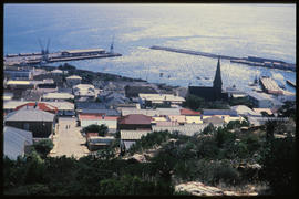 Mossel Bay. View over town centre and harbour.