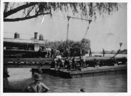 Upington, February 1915. Pontoon for ferrying locomotive over the Orange River.