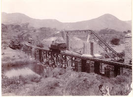Kaapmuiden, circa 1900. Damaged bridge with timber trestle bridge as diversion during Anglo-Boer ...