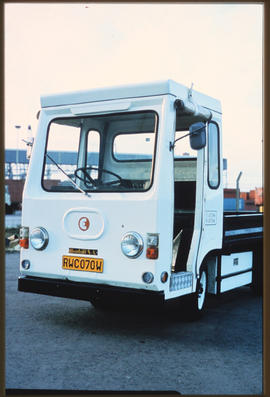 Durban, 1981. Small electrical truck in Durban harbour.