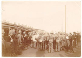 Circa 1900. Anglo-Boer War. British soldiers at Colenso train station.