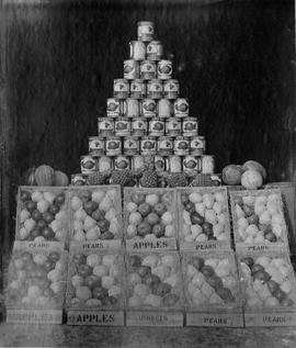 De Doorns. Display of boxed and canned fruit.