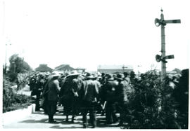 Kimberley, circa 1915. Captured rebels next to railway signal post.