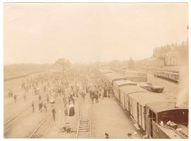 Johannesburg, cCirca 1900. Anglo-Boer War. Krugersdorp Commando at Braamfontein (?) train station.