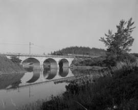 Amanzimtoti district, 1968. Train crossing bridge with concrete arches.
