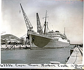 Cape Town, 1950. 'Durban Castle' of the Union Castle Line in Sturrock dock in Table Bay harbour.