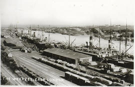 East London, circa 1900. View of Buffalo Harbour, goods sheds and railway lines.
