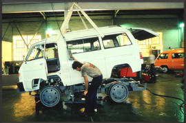 Pretoria, March 1990. SAR Transtrotter rail vehicle in workshop at Koedoespoort. [S Grunbauer]