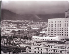 Cape Town, 1951. Railway station and City Hall from Coliseum building.
