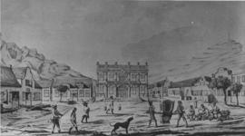 Cape Town. Sketch of town square with sedan chair being carried. Sketch.