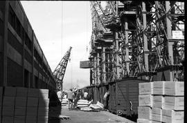 Cape Town, April 1971. Goods train alongside shipping cranes.