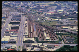 East London, May 1986. Aerial view of railway station. [T Robberts]
