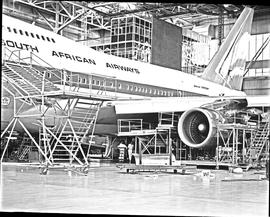 Johannesburg, 1979. Jan Smuts airport. SAA Boeing 747SP being serviced in hangar.