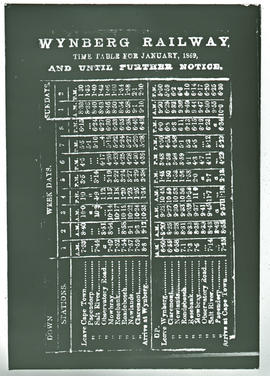 Timetable for Wynberg railway dated January 1869.