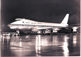 London, England, 5 November 1971. Heathrow Airport. SAA Boeing 747 ZS-SAN 'Lebombo' at night. Pus...