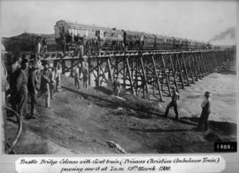 Colenso, 19 March 1900. 'Princess Christian' ambulance train the first to cross the trestle bridge.