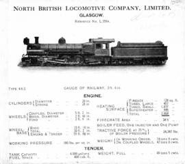 
CSAR Class 10 technical details from the North British Locomotive Company, Glasgow.
