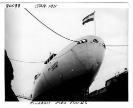 Durban, January 1971. 'SA Tzaneen' in dry dock in Durban Harbour.