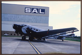 Johannesburg, 1985. Jan Smuts Airport. SAA Junkers Ju-52 ZS-AFA 'Jan van Riebeeck' in front of ha...