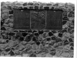 Johannesburg, 1986. Plaque at Witpoortjie station to indicate the Witwatersrand watershed, with M...