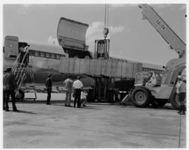 Johannesburg, February 1970. Jan Smuts airport. Cargo being loaded into Lufthansa Douglas DC-8, D...