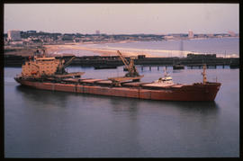 Port Elizabeth, April 1979. Port Elizabeth Harbour with iron ore carrier 'Olvan' in turning basin...