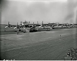 Johannesburg, 1950. Palmietfontein airport. Four SAA Lockheed Constellation aircraft lined up. Le...
