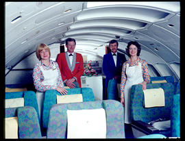 SAA Boeing 747 Interior. First class. Hostess, steward, cabin crew.