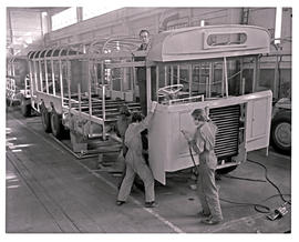 Johannesburg, 1975. Assembly of SAR motor coach bus body in Road Transport Services workshops at ...