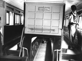 Interior of Hulse double-decker 3rd class suburban passenger coach type S-24 No 6704.