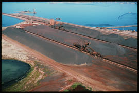 Saldanha Bay, September 1981. Aerial view of iron ore stockpile at Saldanha Bay Harbour. [Jan Hoek]